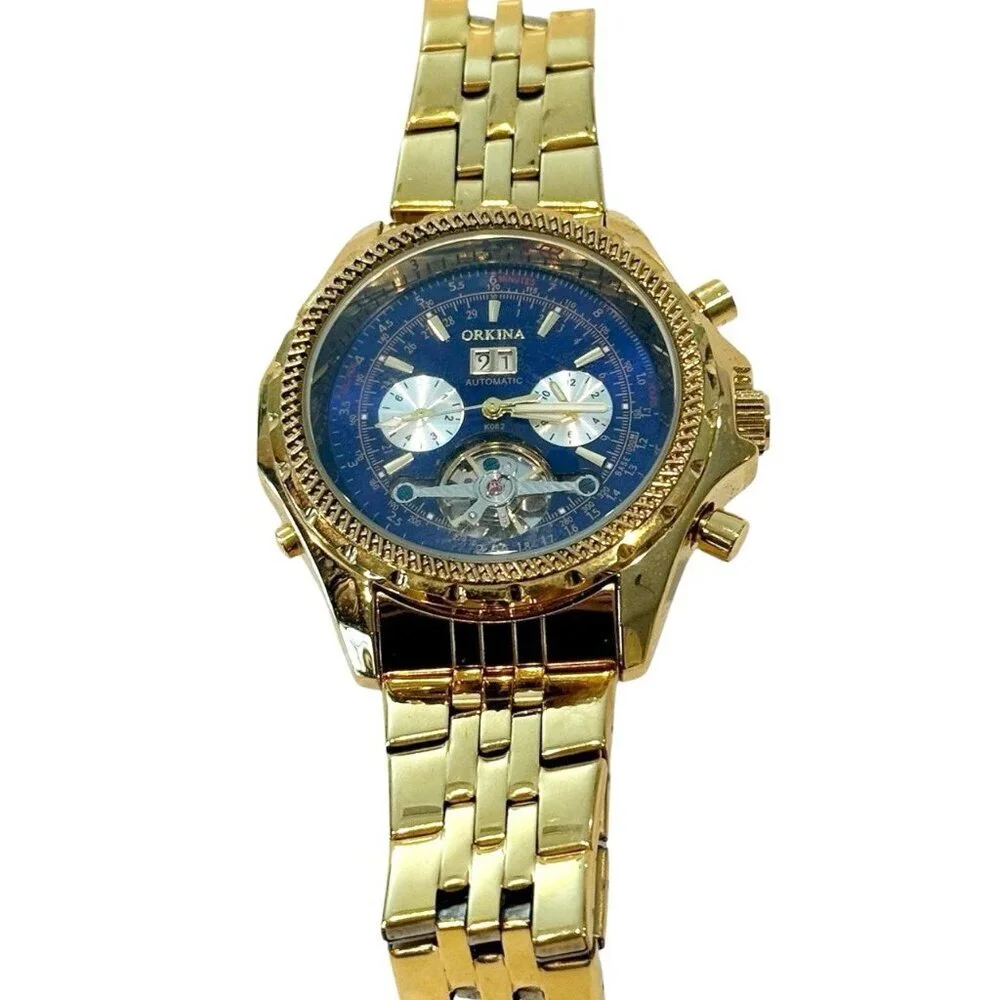 Orkina Men Fashion Chronograph Gold Tone Automatic Analog 49mm Watch 8 3/4